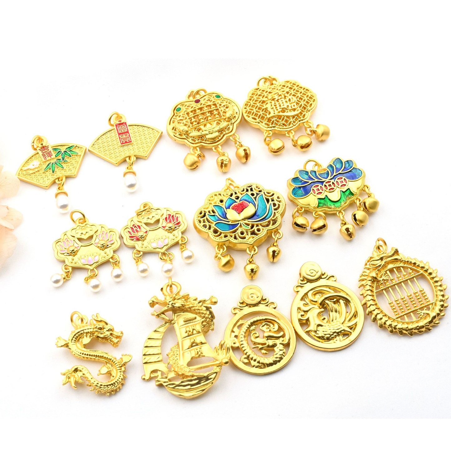 Ancient Style Golden Wishes Golden Lock Zodiac Dragon Lotus Dragon and Phoenix Abacus Pendant Necklace Bell Safety Lock Pendant Accessories