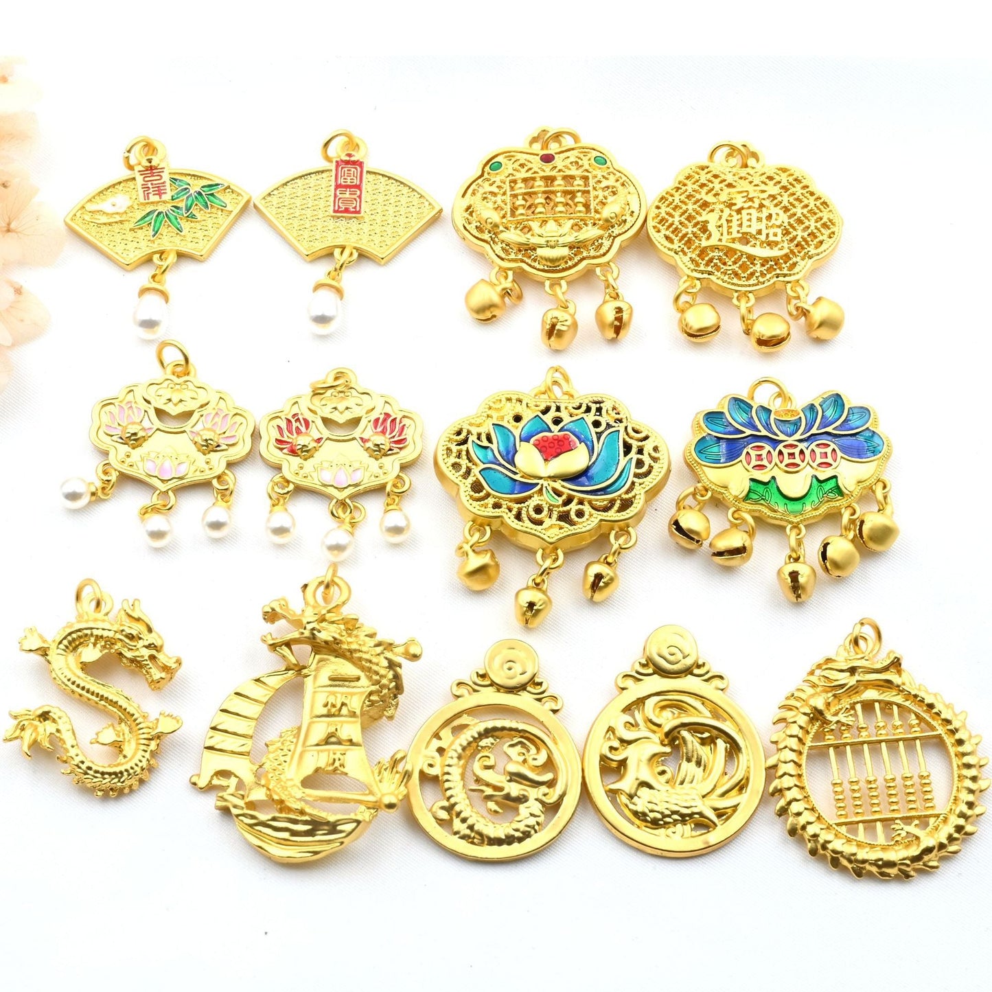 Ancient Style Golden Wishes Golden Lock Zodiac Dragon Lotus Dragon and Phoenix Abacus Pendant Necklace Bell Safety Lock Pendant Accessories