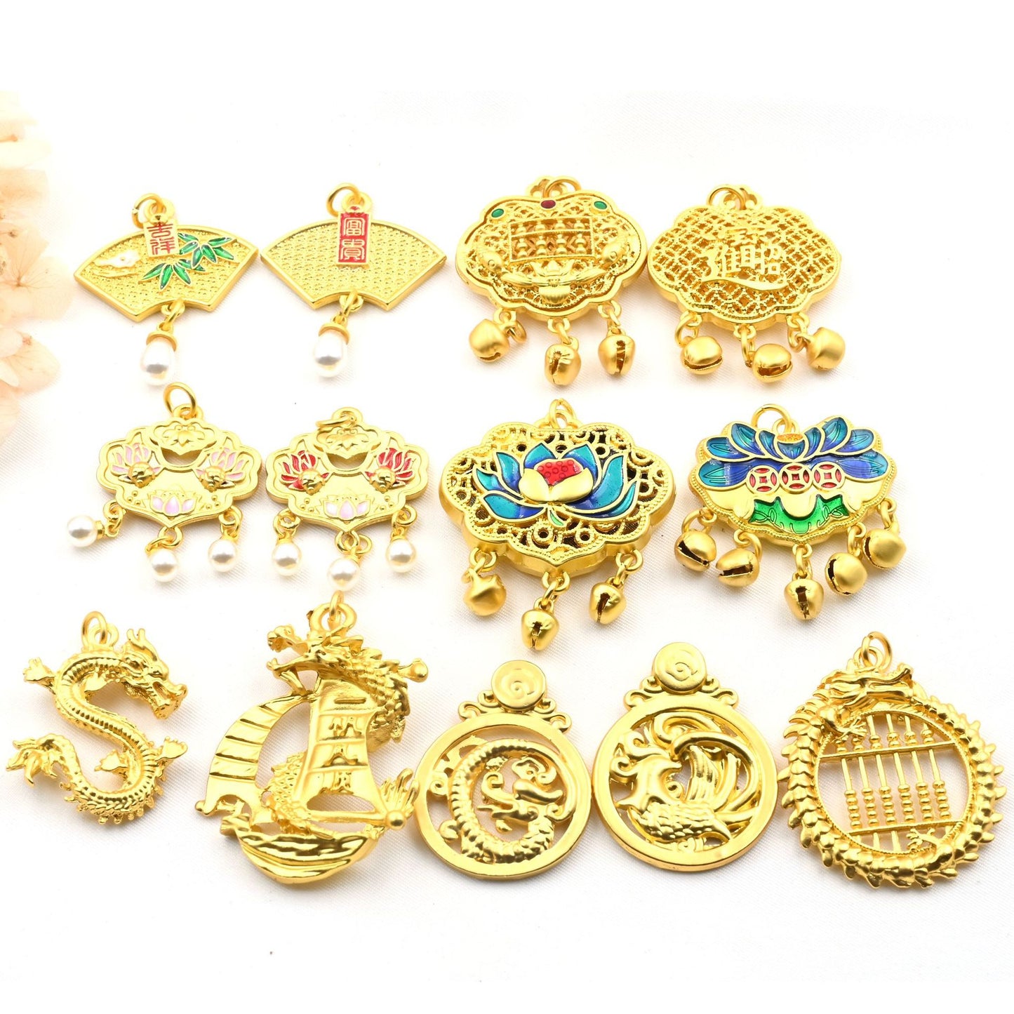 Ancient Style Golden Wishes Golden Lock Zodiac Dragon Lotus Dragon and Phoenix Abacus Pendant Necklace Bell Safety Lock Pendant Accessories