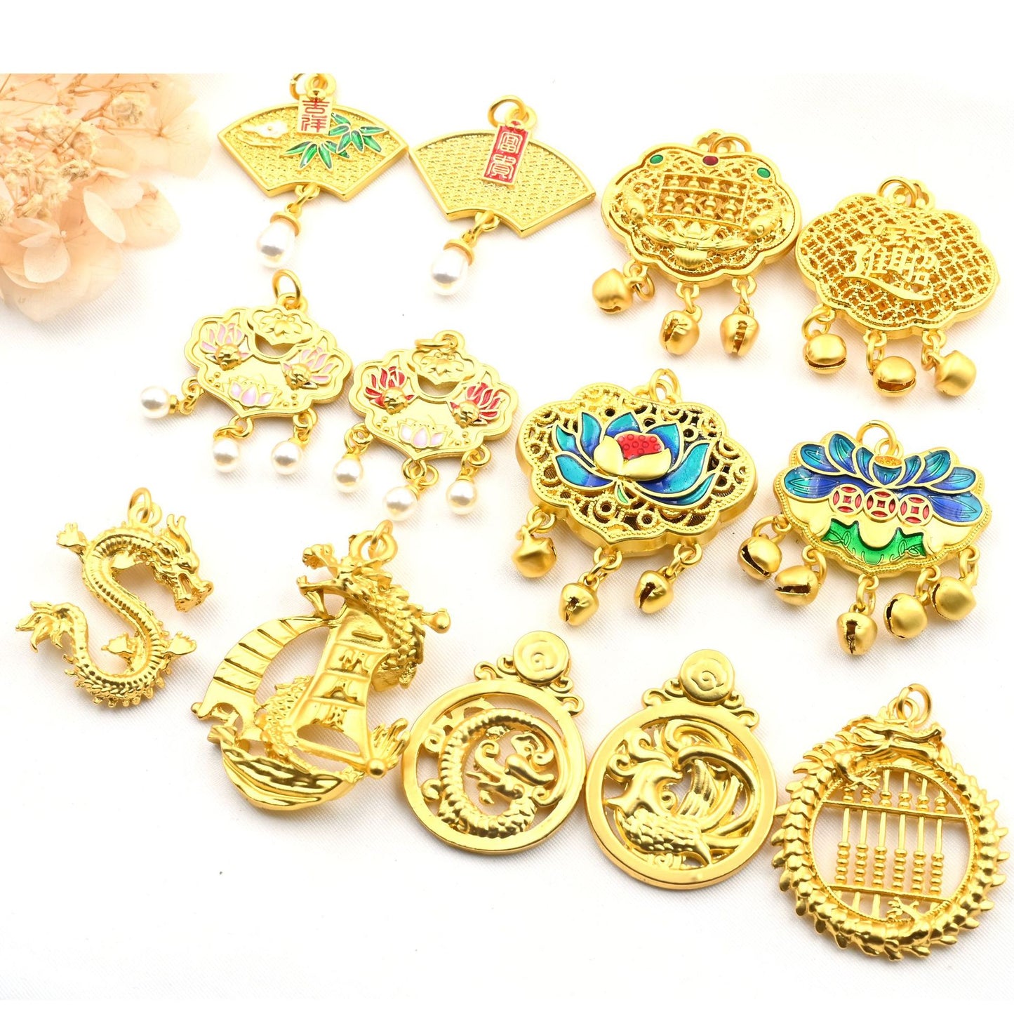 Ancient Style Golden Wishes Golden Lock Zodiac Dragon Lotus Dragon and Phoenix Abacus Pendant Necklace Bell Safety Lock Pendant Accessories