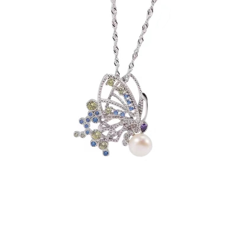 S925 Erfly Silver Necklace ,Fresh Water Pearl Pendant