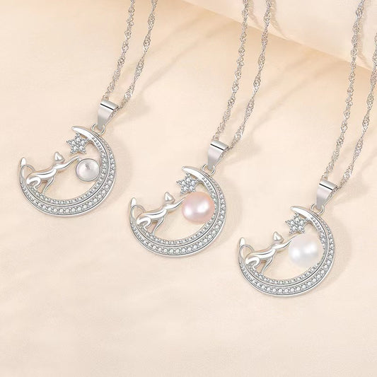 S925 Silver Neclace ,Moon Pearl pendant set of diamonds