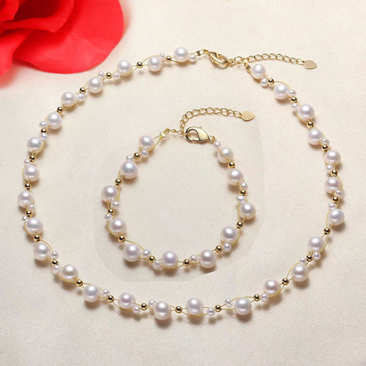 Freshwater Pearl Necklace & Bracelet Set  Woven Delicate